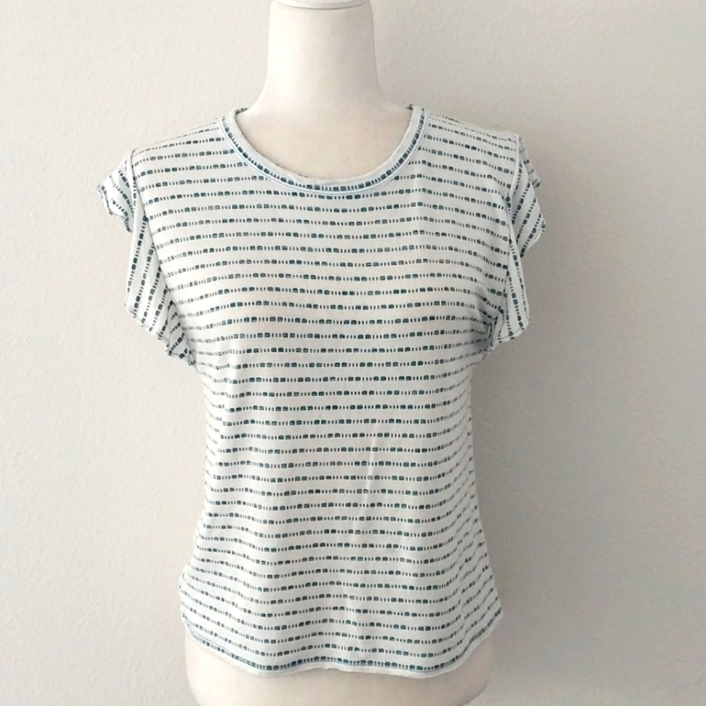 LOFT Women's White and Teal Blue Ruffle Sleeve Casual Top size XS